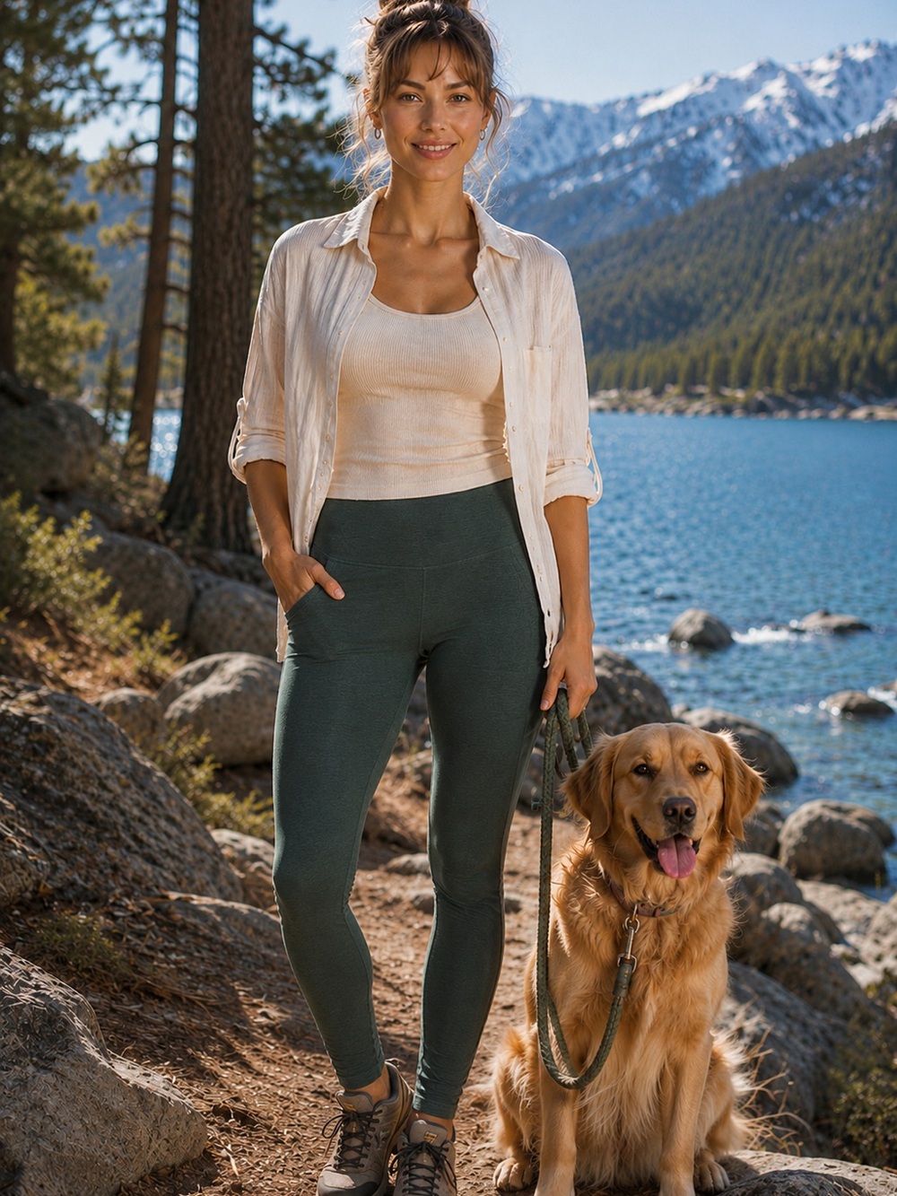 By Gottex Green Yoga Leggings Ruched  M High Rise Pocket Athleisure
